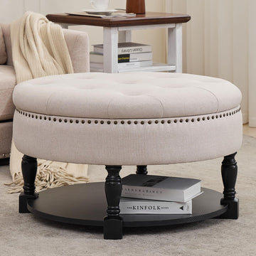 Round Storage Ottoman Coffee Table with Shelf, Tufted Fabric, Beige
