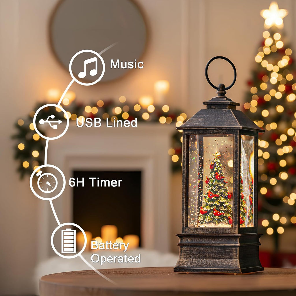 Christmas Snow Globe Lantern Water Glittering Christmas Tree with Music, USB Lined/Battery Operated Lighted Lantern