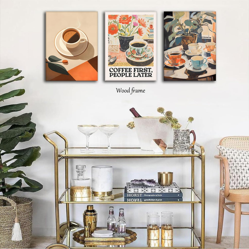 Vintage Coffee Kitchen Canvas Wall Art Set of 3, Fashion Aesthetic Flowers Espresso Poster Picture, Simple Travel