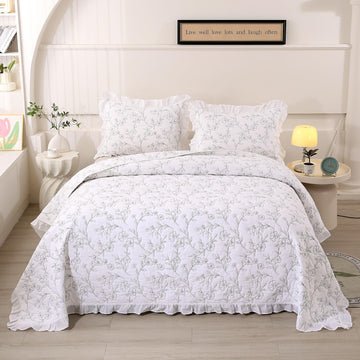 Romantic Ruffled Floral Embroidered Quilt Set White 100% Cotton Bedspread with 2 Ruffle Pillow Shams