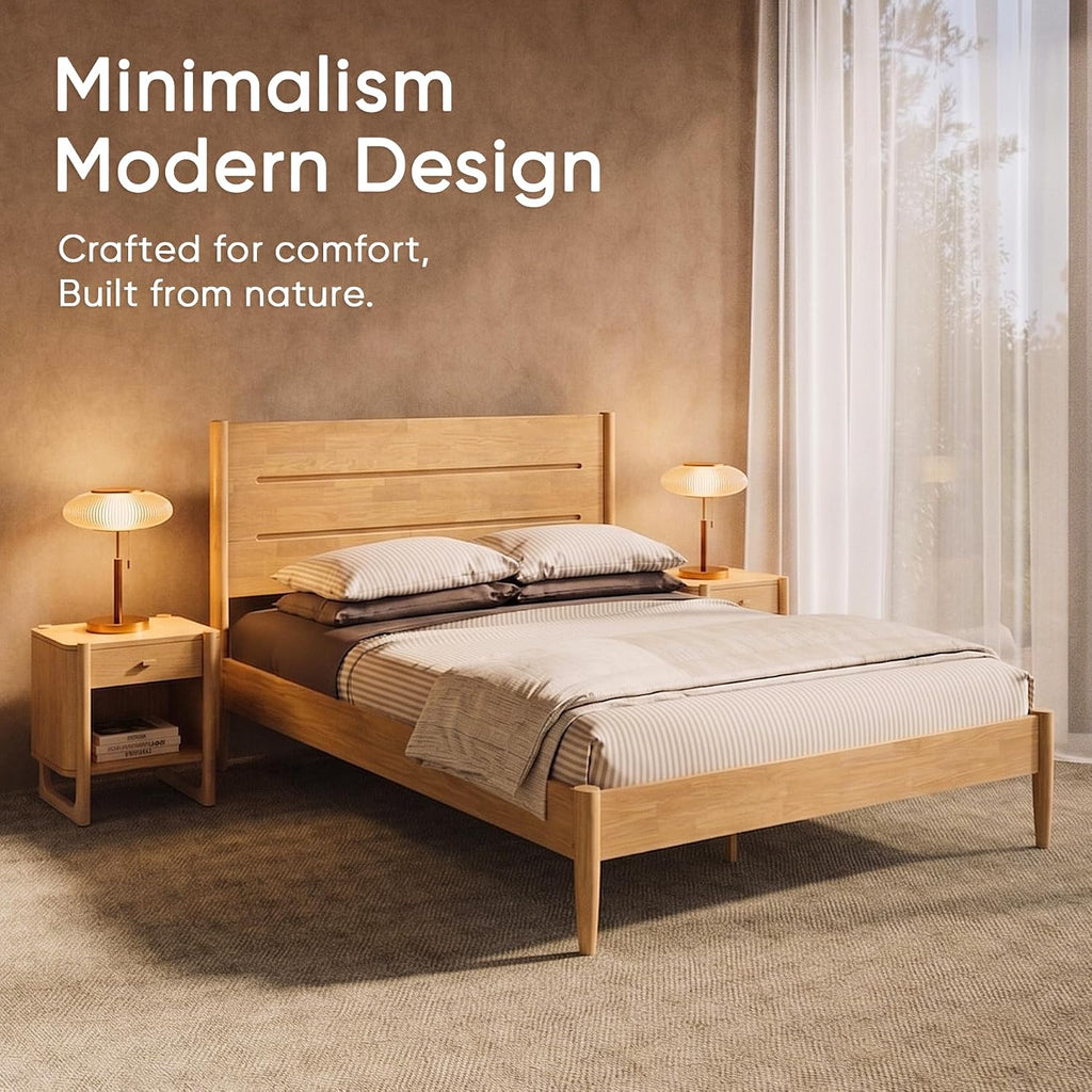 Apollo Solid Wood Platform Bed Queen, Headboard, Light Oak