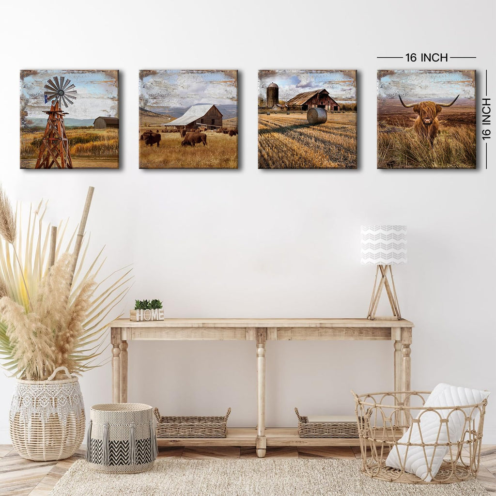 Highland Cow Wall Art Farmhouse Kitchen Decor Western Decor Rustic Windmill Barn Canvas Prints Pictures Retro Country