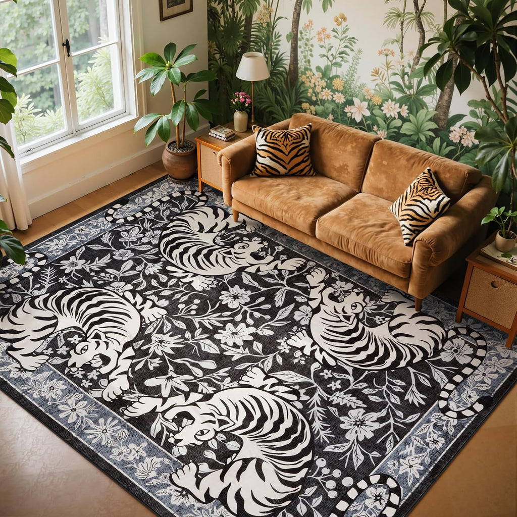 Tiger Washable Rugs, Boho Bedroom Rug Non-Slip Jungle Floral Area Rug, Soft Stain Resistant Vintage Western