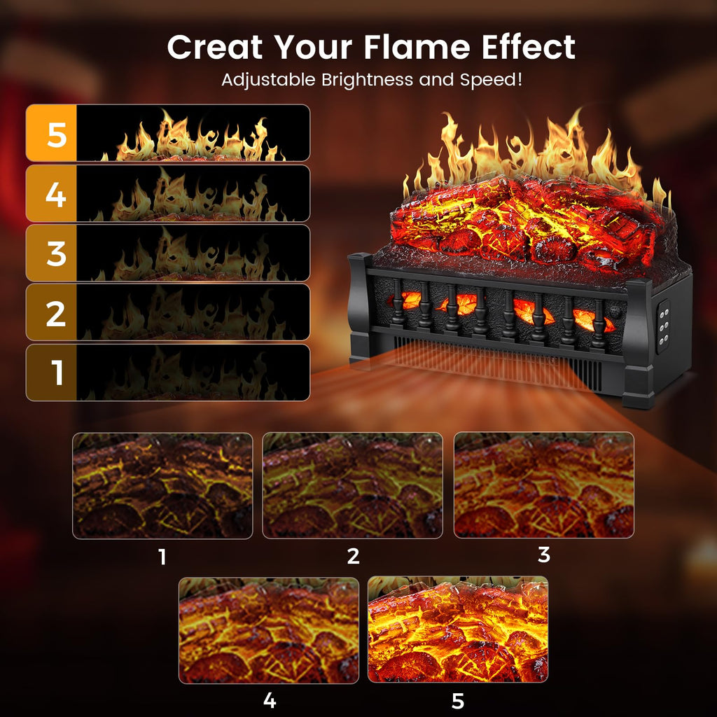 21 Inches Electric Fireplace Insert Log Heater Set, Freestanding Heater with Adjustable Flame Brightness and Flicker