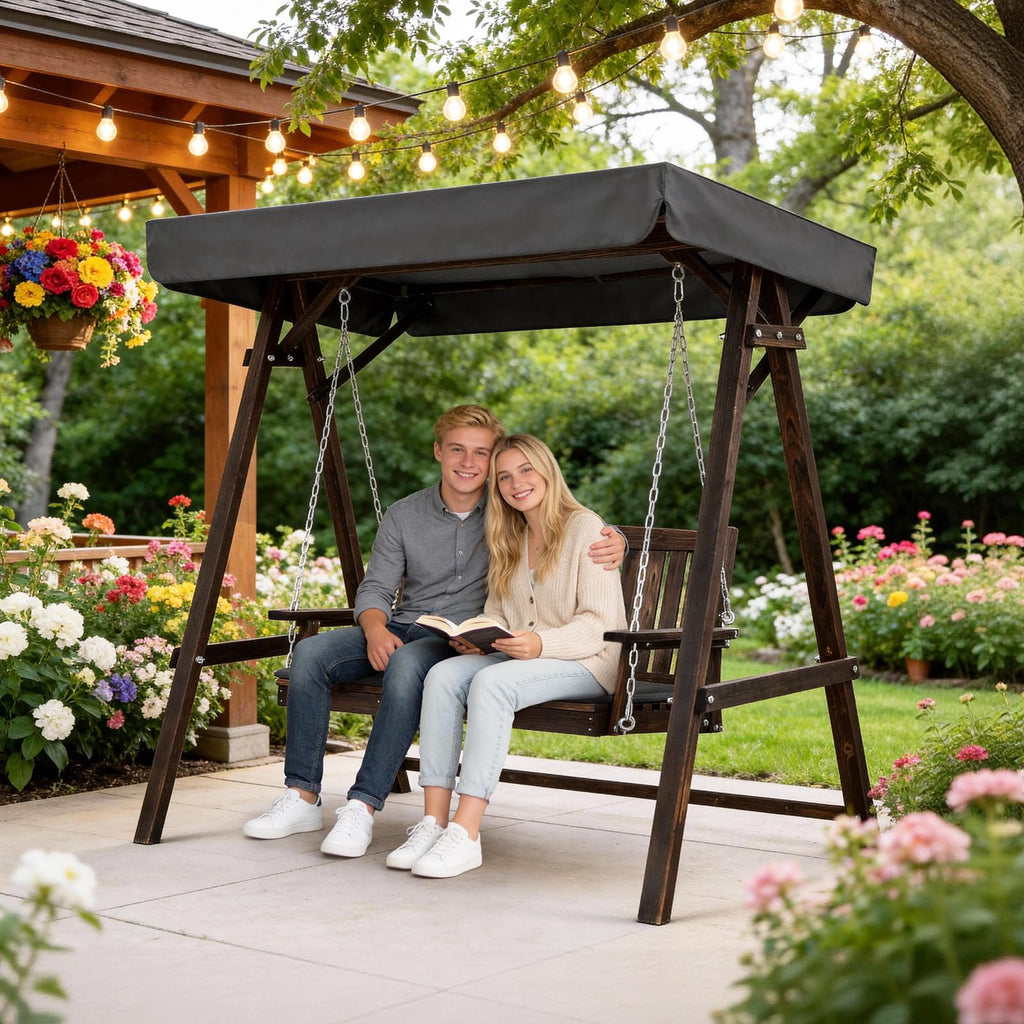 4FT Heavy Duty Wooden Porch Swing with Stand and Canopy, Rustic