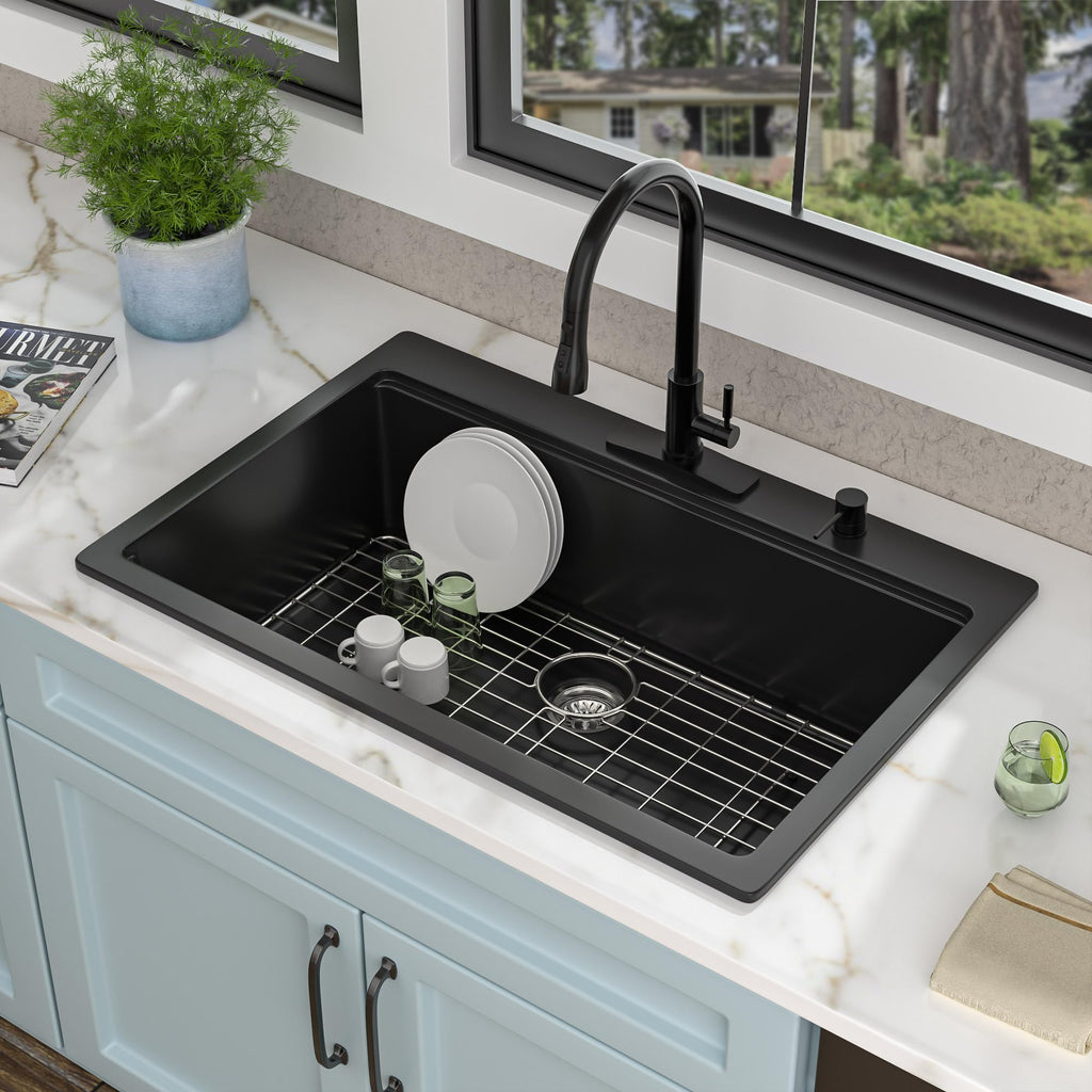 33"x22" Granite Composite - Matte Black Ledge Workstation Drop-In Top Mount Quartz Classic Above Counter Single Bowl