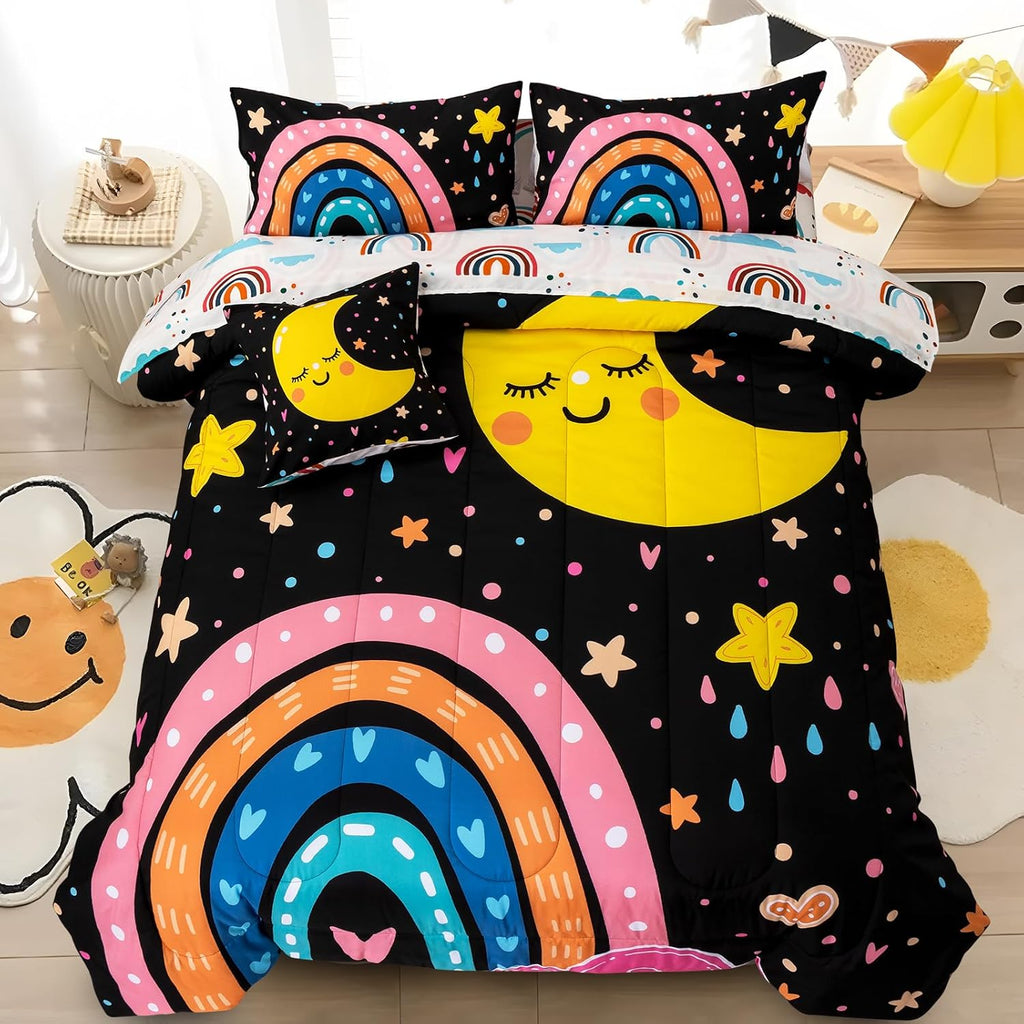 5 Piece Black Rainbow Comforter Set for Girls Boys Kids, Cartoon Cute Moon Stars Bedding Set, Bed in a Bag with