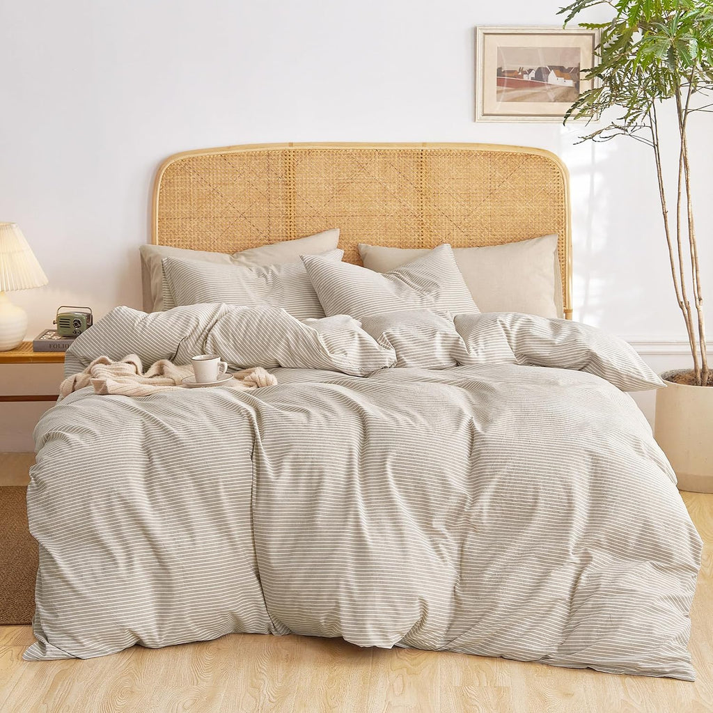 Striped Cotton Duvet Cover Set, 100% Washed Cotton Textured Bedding Set, Ticking Stripe Pinstripe Farmhouse, 3