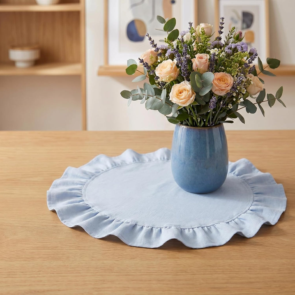 Round Ruffled Linen Blend Placemats, 15 Inch Scalloped Table Mats - Set of 4