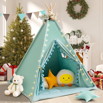 Teepee Tent for Kids with Padded Mat Cotton Canvas Kids Tent with Pompom for Toddlers Indoor Play Tent for Girls Boys