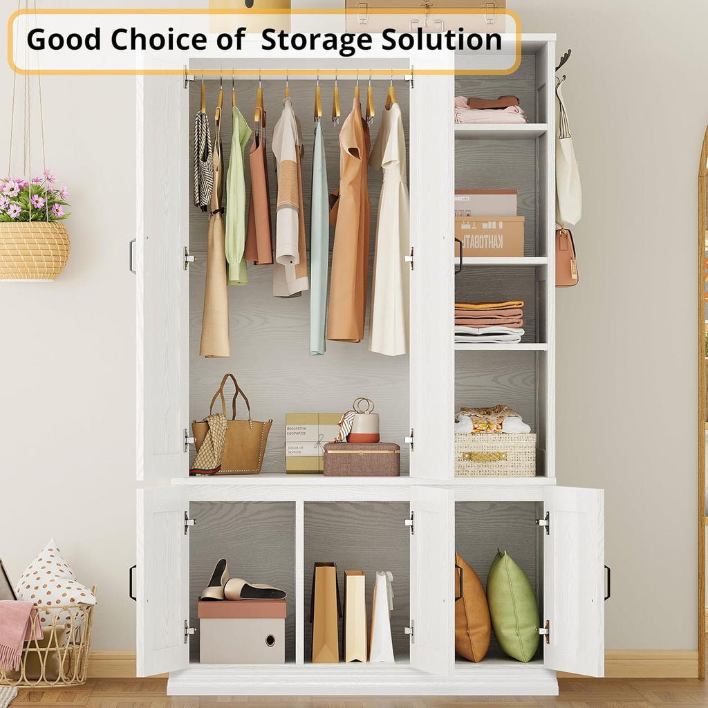 Armoire Wardrobe Closet 70" H, 5 Doors , White | Wooden Wardrobe with 4 Storage Shelves and Hanging Rod, Clothing