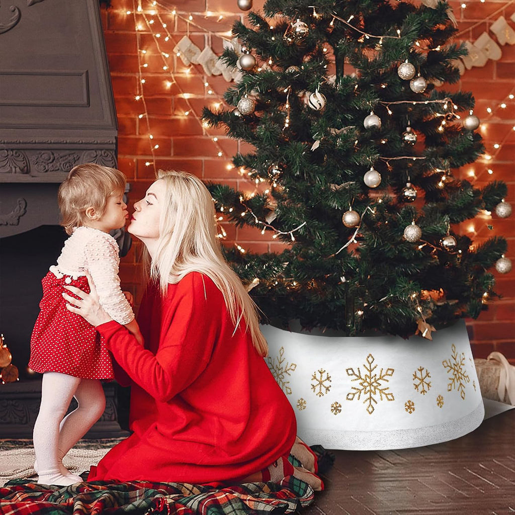Christmas White Tree Collar Ring, 30'' Plush Gold Snowflake Sequin Tree Skirt, Christmas Artificial Tree Base Stand