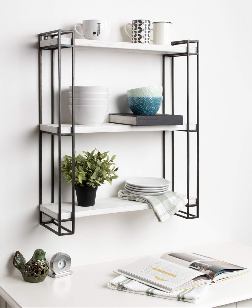 Lintz Modern Industrial Wood and Metal Floating Wall Shelves with Black Metal Frame, Rustic White