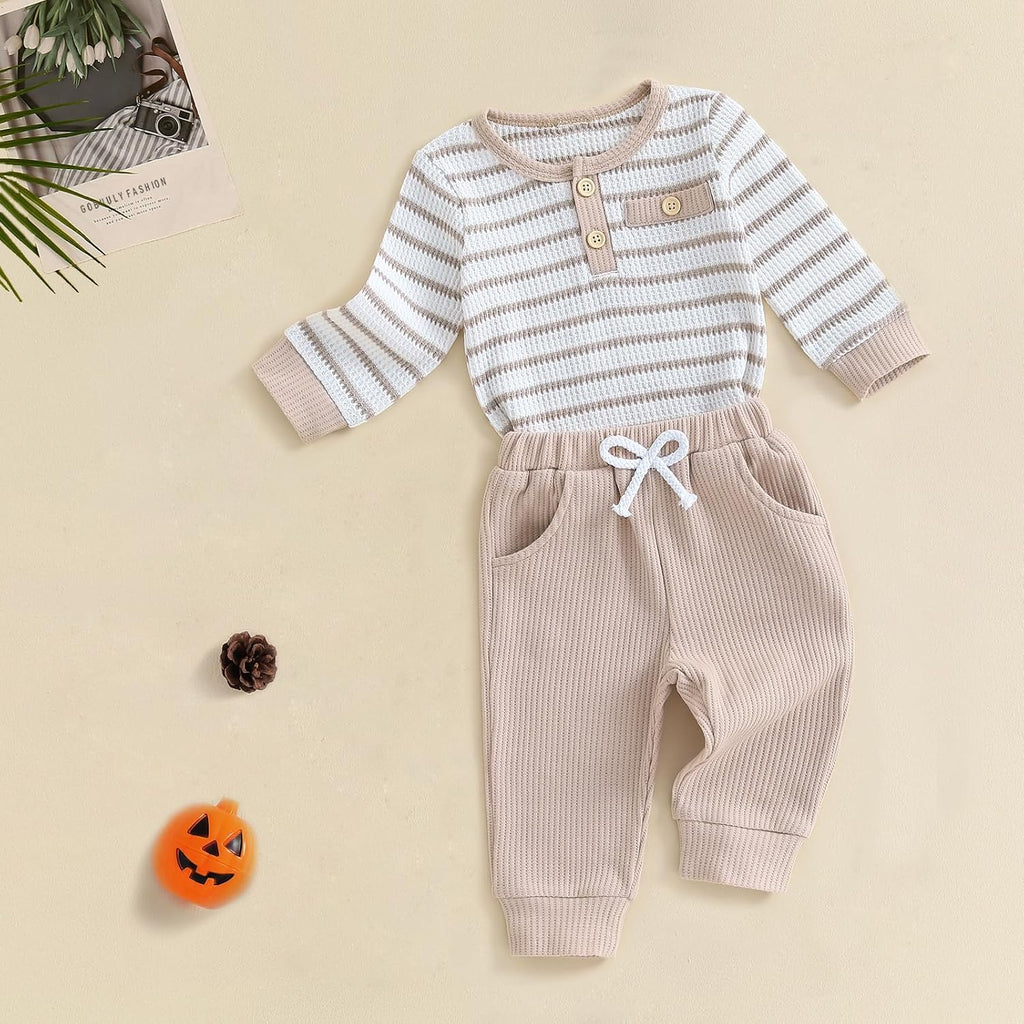 Baby Boy Fall Outfits Waffle Striped Toddler Boy Sweatshirt Pullover Tops Pants Infant Baby Fall Winter Clothes
