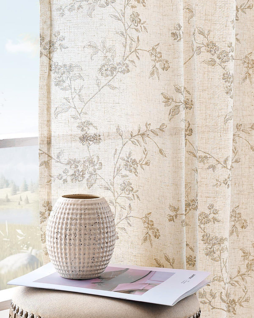 Linen Floral Curtains for Living Room 96 Inch Length Taupe Printed Curtains Back Tab French Country Farmhouse Flower