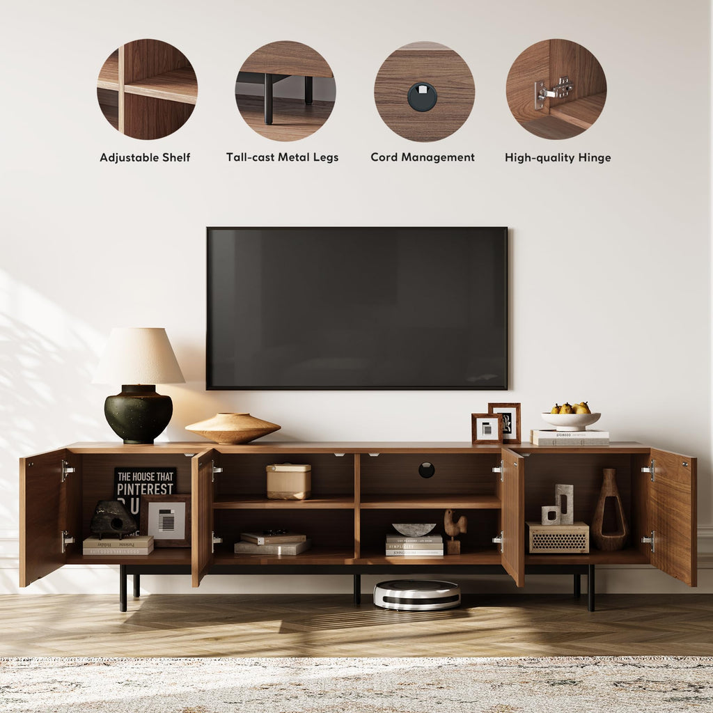 Full Assembled Mid-Century Modern TV Stand with Slatted Doors, Wood Media Console for 75 Inch TV, TV Console with