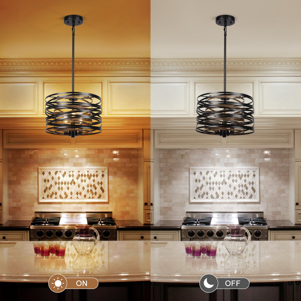 3-Light Dining Room Chandelier, 12.6" Rustic Black Drum Chandeliers, Wood Grain and Vintage Light Fixture Entryway