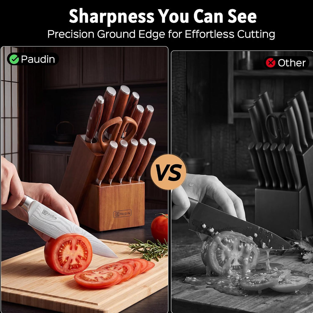 16-Piece Kitchen Knife Set with Block, Built-in Sharpener, Ultra Sharp 5Cr15Mov Stainless Steel Chef Knives, Natural