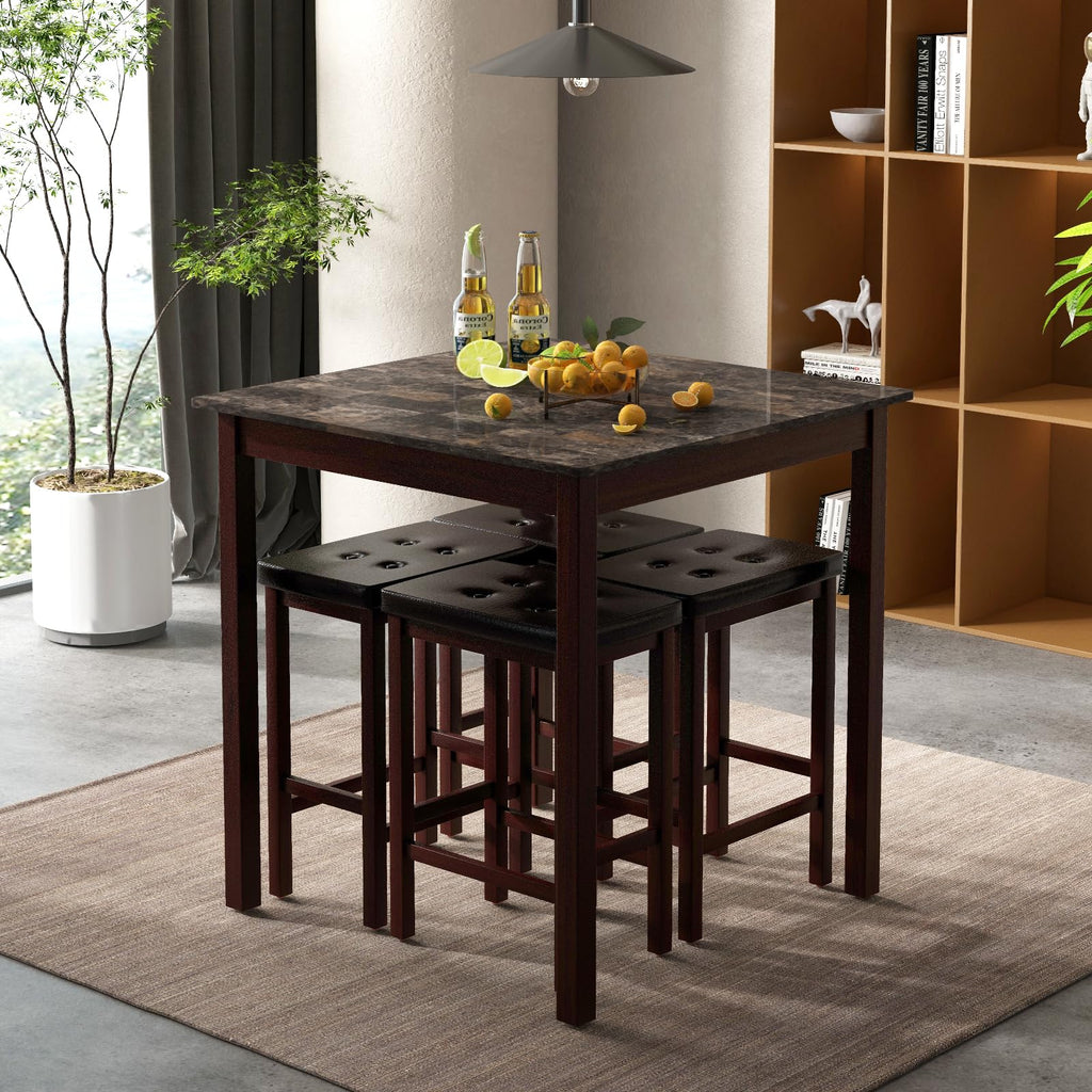 5-Piece Counter-Height Bar Table Set, Faux Marble Square Table & 4 PVC Leather Bar Stools w/Rubber Wood Legs, Modern