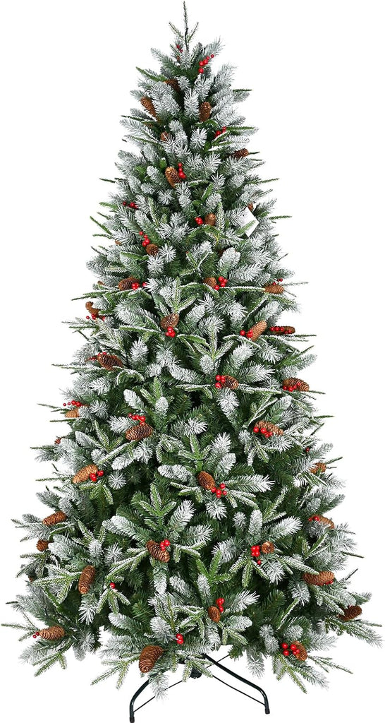 7 Ft Artificial Christmas Tree Pre-Decorated with Snow Flocked PVC&PE Tips, Pine Cones, Red Berries, Unlit Xmas Tree