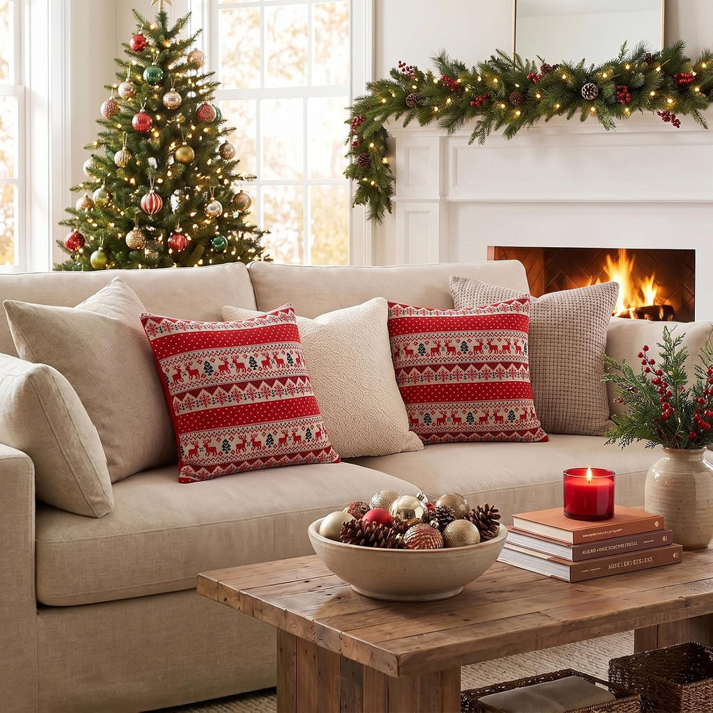 Christmas Knitted Throw Pillow Covers 18x18 Inch-Red - Set of 2
