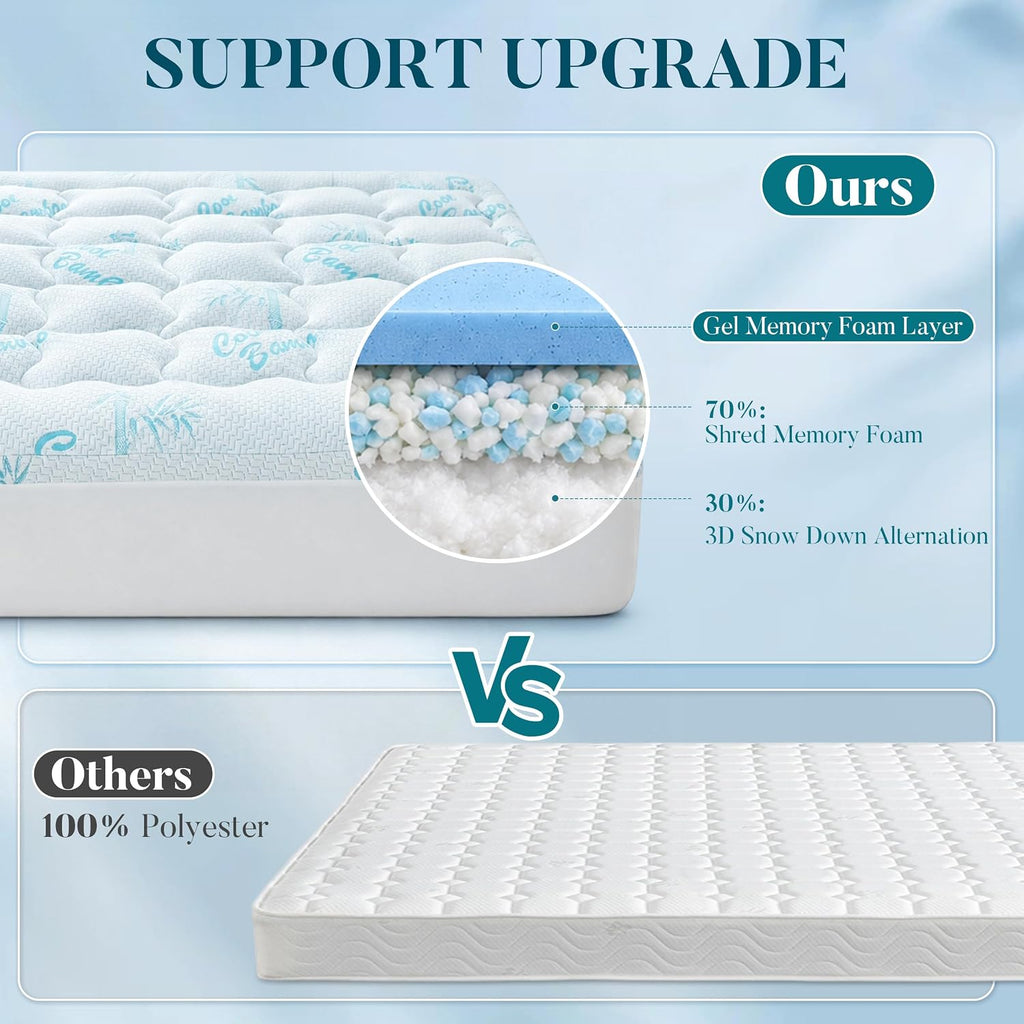 Queen Mattress Topper, Cooling Gel Memory Foam Topper for Hot Sleepers | Bamboo-Derived Breathable Fabric, Soft