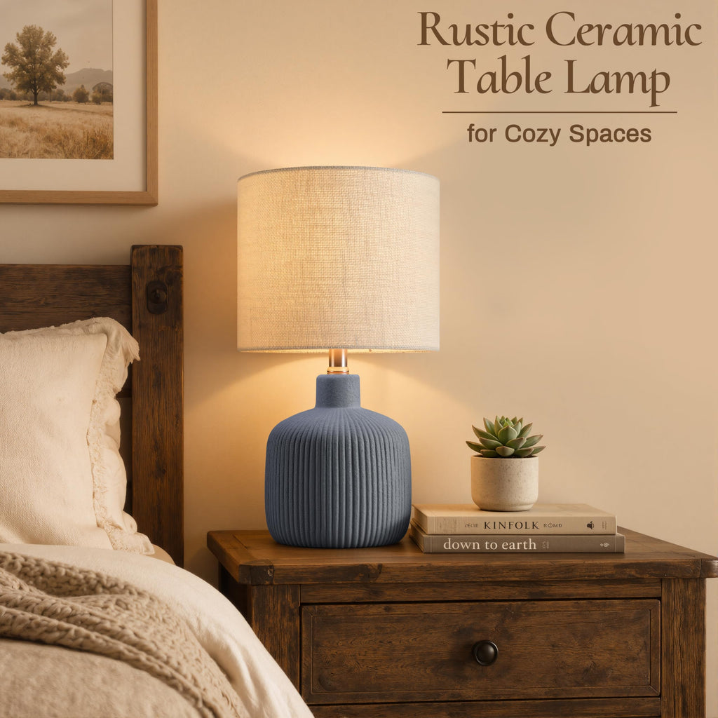 Ceramic Table Lamp, 17.75" Nautical Bedside Lamp with Beige Linen Shade, Warm Ambient Nightstand Lighting for Beach