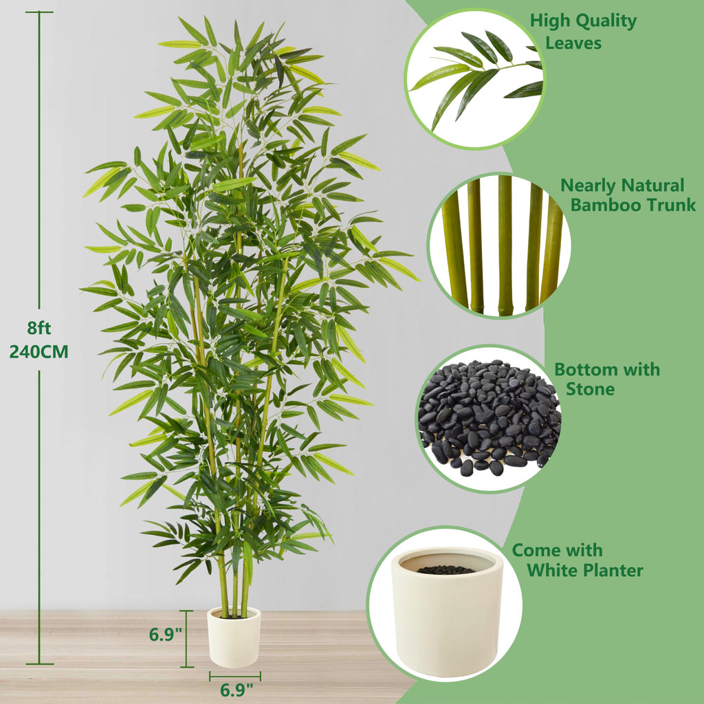 Artificial Bamboo Tree 8ft Green Fake Plant with White Planter