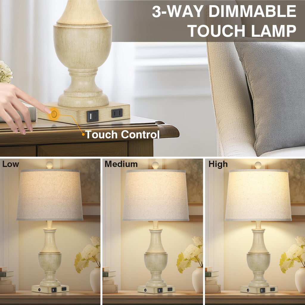 Farmhouse Vintage 3-Way Dimmable Table Lamp Set of 2 with USB A+C Charging Ports & AC Outlet, Rustic Mid Century