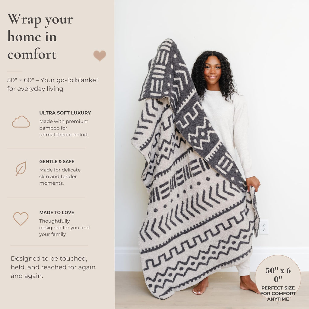 Mudcloth Throw Blanket Soft Plush Double Layer Cream Black 50"x60"
