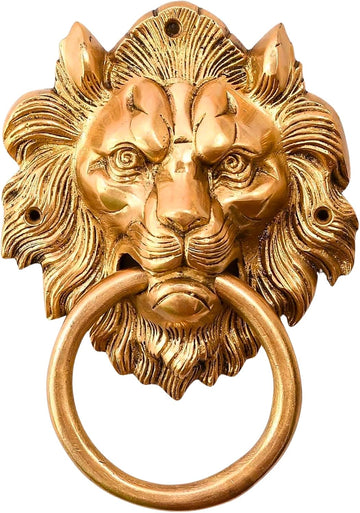 Lion Head Brass Door Knocker Authentic Vintage Unique Front Door Holder with Gold Finish Rare Solid Door Accessories