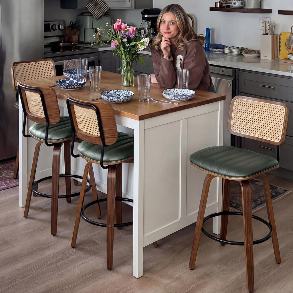 Mid Century Modern Bar Stools, Rattan Swivel Bar Stools with Curved Back