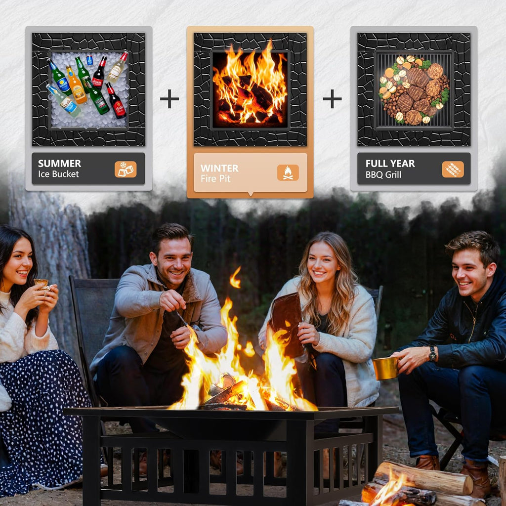 Multifunctional Patio Fire Pit Table, 32in Square Metal BBQ Firepit Stove Backyard Garden Fireplace with Spark Screen Lid and Rain Cover for Camping - Image 4