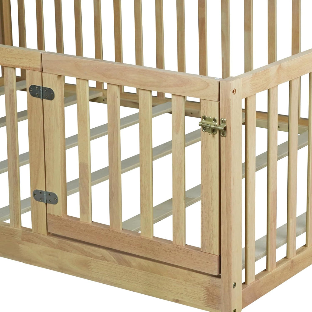 Kids Montessori Floor Bed Frame with Door and Slats, Solid Wood Floor Bed Frame with Slats and High Fence