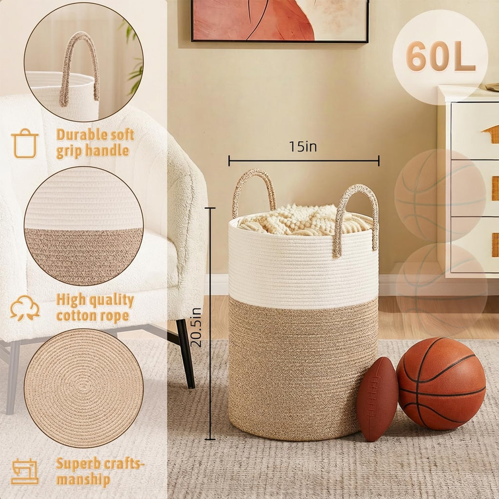Laundry Basket,Woven Cotton Rope Laundry Hamper,60L for Decor Storage of Dirty Clothes,Toys and Blankets ,Baby Room
