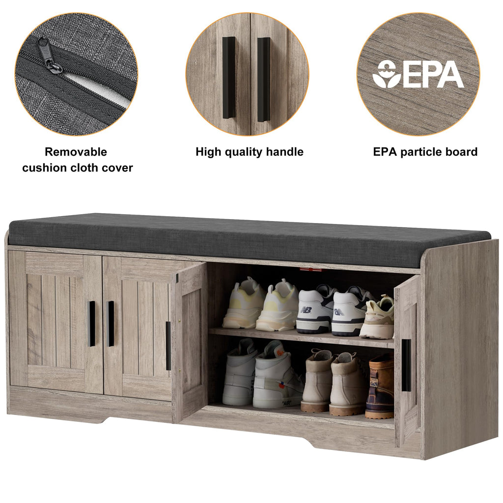 Shoe Storage Bench, 4 Doors & Thickened Padded Seat Cushion