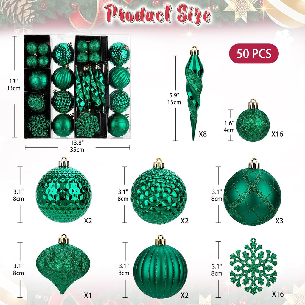 Christmas Tree Ornaments Set with Shatterproof Balls Icicle Snowflake Hanging Ornaments Farmhouse Christmas - Set of 50