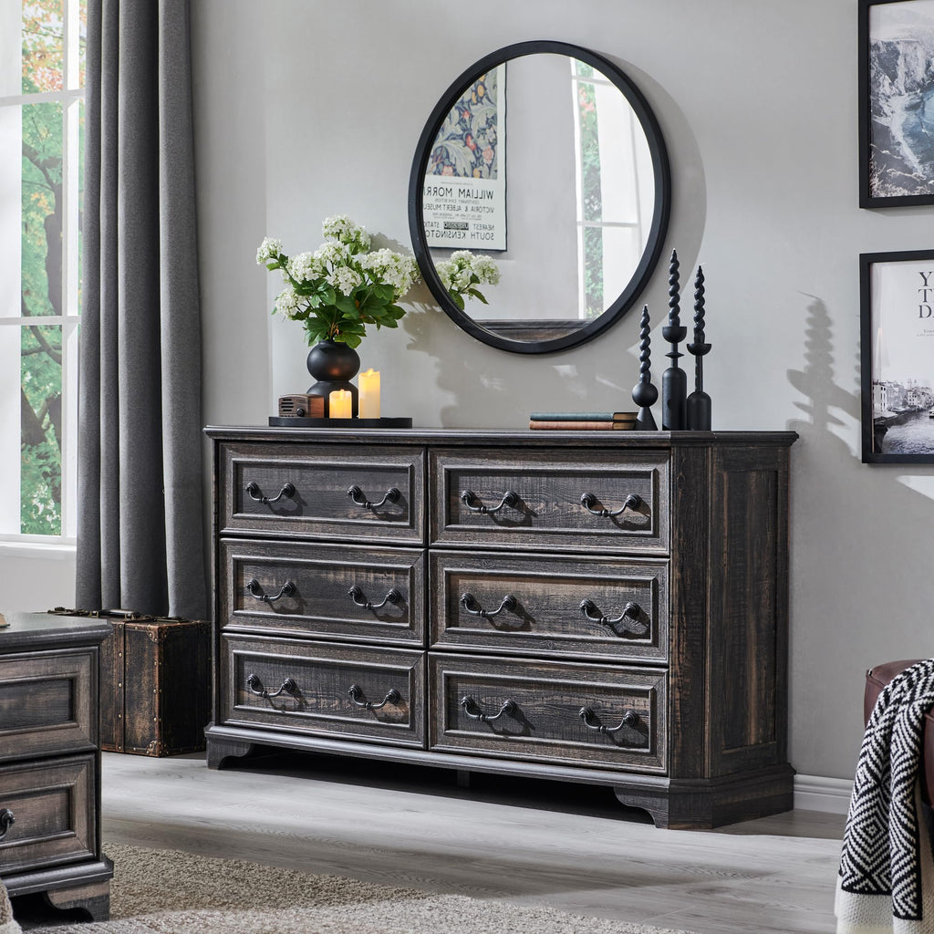 Farmhouse 6 Drawers Dresser, 54" Wide Wood Rustic Chest of Drawers with Natural Texture, Vintage Design, Storage