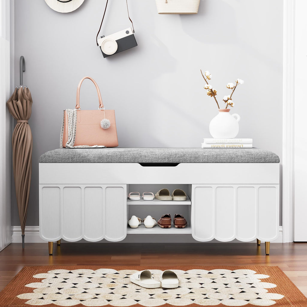 40" Upholstered Flip Top Entryway Shoe Bench, White
