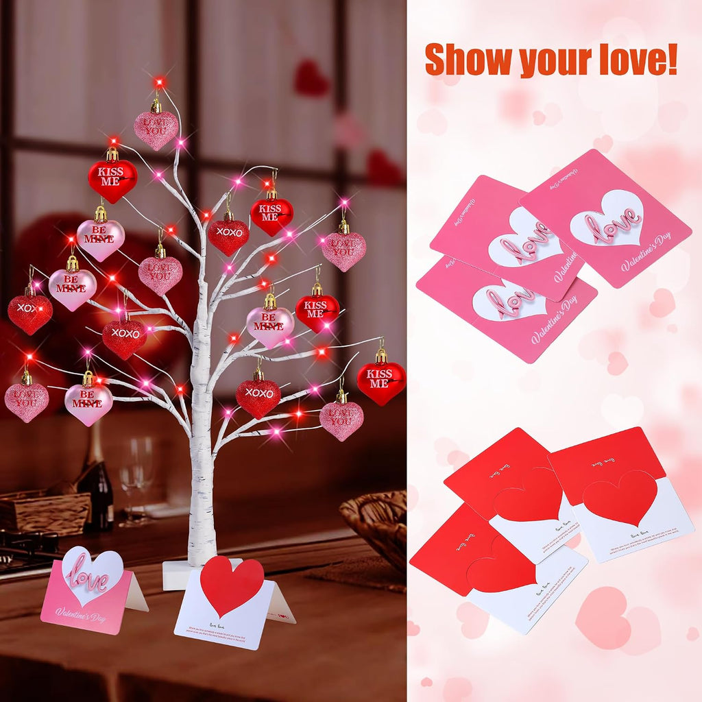 Birch Trees with Heart Ornaments 24'' Artificial Heart Table Tree Valentines Day Decorations with Cards Tree - Set of 2