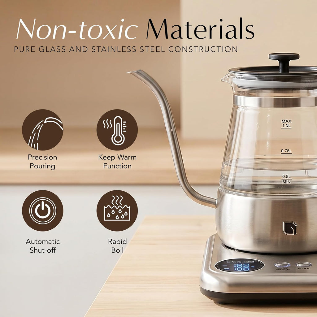 Glass Gooseneck Electric Kettle, 5 Temperature Control Presets & Keep Warm, Pour Over Kettle for Coffee & Tea, 1L