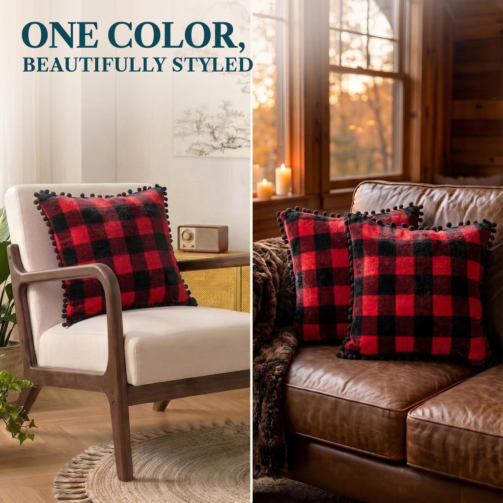 Plaid Red Decorative Throw Pillow Covers Pom Pom 18x18 Set of 2