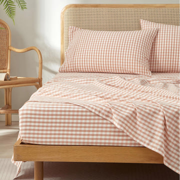 Gingham Queen Sheet Set, 100% Washed Cotton Linen Feel Pink Plaid Printed Sheet Sets Lightweight Soft Grid Bed Sheets