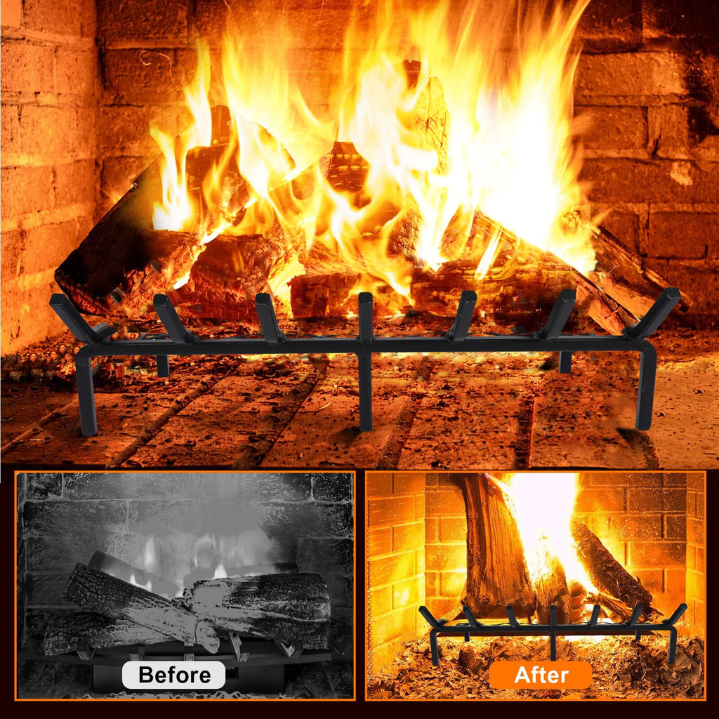 24 Inch Fireplace Grate with Ember Retainer, Cast Iron Fireplace Log Grate, Fireplace Log Holder, Heavy Duty Solid Steel