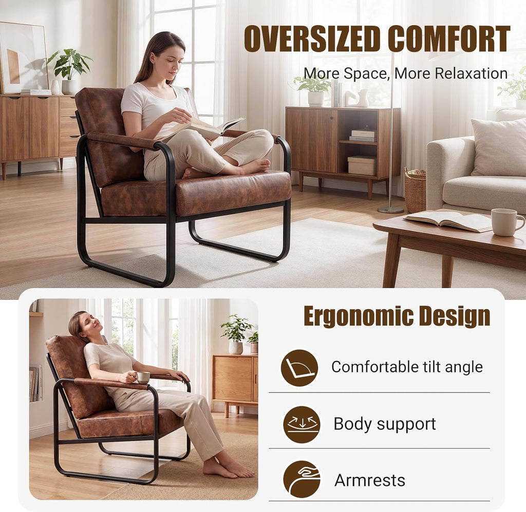 Faux Leather Mid-Century Modern Accent Chair, Brown - Set of 2