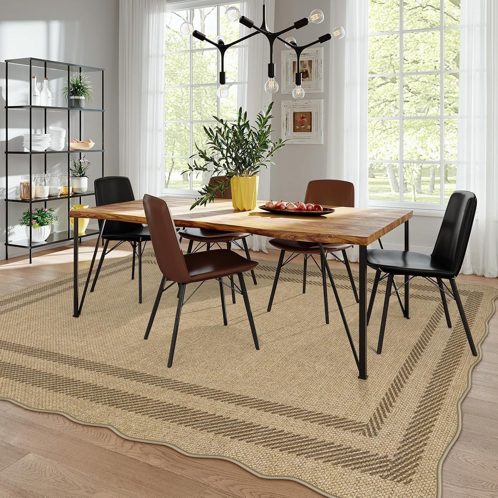 Scalloped Washable 8x10 Rug, Easy Jute Tan Rug , Indoor Outdoor Patio Non Slip Rugs , Geometric Farmhouse Dining Room