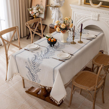 Rustic Waterproof Linen Tablecloth, Heavy Weight Fern Embroidery Table Cloths for Rectangle Tables, Farmhouse