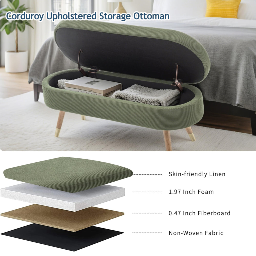 Oval Storage Bench 43.5" Ottoman Bench Upholstered Boucle Fabric Footrest Bench with Golden Metal Legs End of Bed
