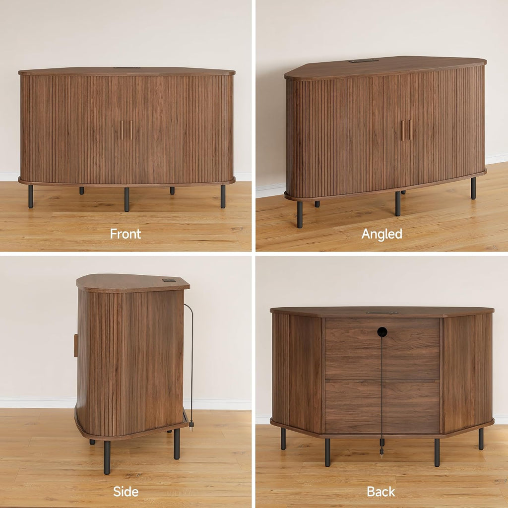 47" Corner TV Stand, Fluted TV Cabinet with Sliding Doors Fits up to 55 Inch TVs, Modern Corner Entertainment Center