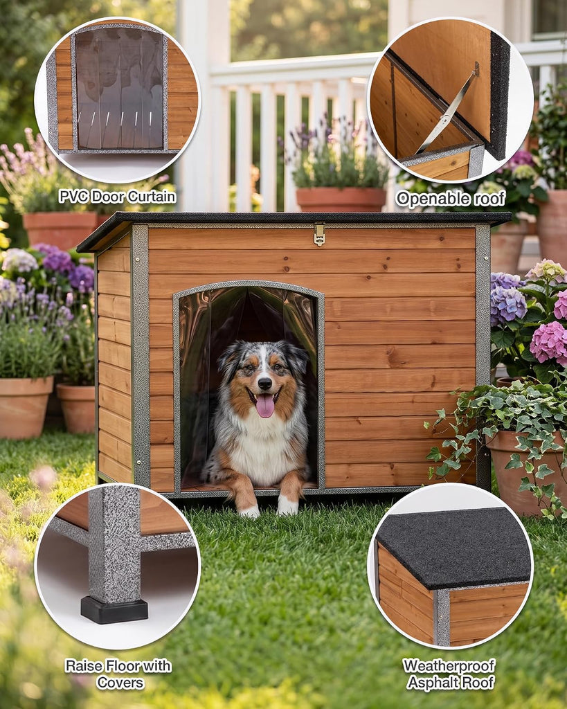 Indoor Outdoor Dog House, Anti-Chewing Iron Frame Dog Kennel, Wood Warm Pets Home, Weatherproof Outside Shelter